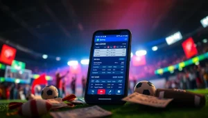 Engaging visual of sports betting in India with a mobile app interface and vibrant sports event backdrop.