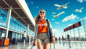 FLY88 aviation-inspired apparel in a vibrant airport scene highlighting travel excitement.