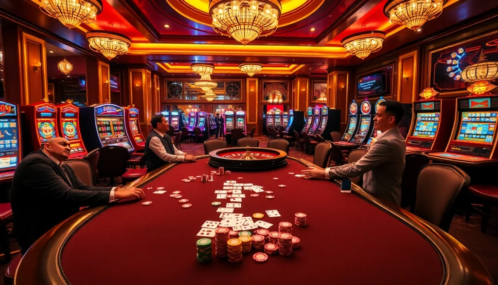 Experience high-stakes gaming at Babu88.global with an engaging scene of poker and slot machines.