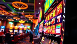 Slot depo pulsa dalam suasana kasino dengan mesin slot berwarna menarik.