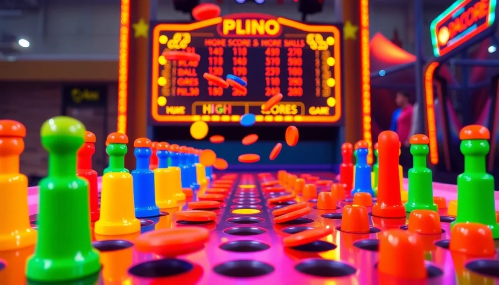 Menghadirkan plinko demo yang seru dengan bola jatuh melalui pin berwarna-warni di latar belakang.