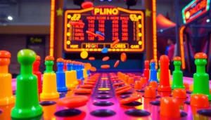 Menghadirkan plinko demo yang seru dengan bola jatuh melalui pin berwarna-warni di latar belakang.