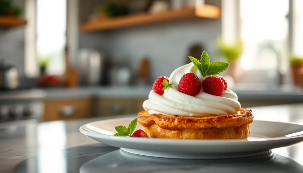 Geniet van een sappige mousseline dessert, prachtig weergegeven met verse bessen.