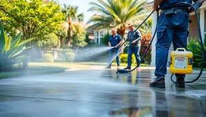 Concrete cleaning with professional pressure washing team revitalizing a driveway in Kissimmee, FL