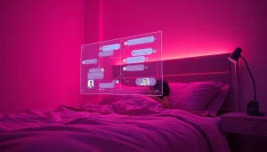 Engaging AI sexting chat illustration in a cozy bedroom setting, showcasing intimate technology interactions.