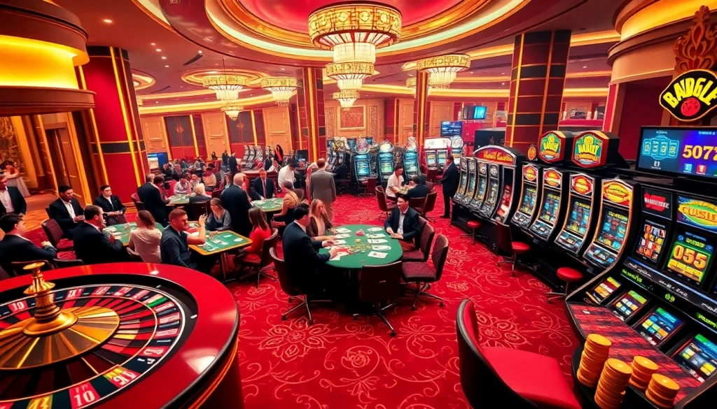 A vibrant casino gaming scene featuring players engaged in roulette and poker, showcasing https://shbet.law/ as a premier gambling platform.