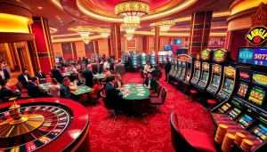 A vibrant casino gaming scene featuring players engaged in roulette and poker, showcasing https://shbet.law/ as a premier gambling platform.