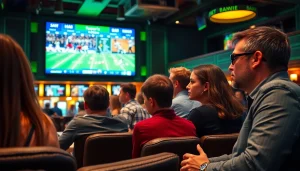 Engaging atmosphere at sportsbooks in South Carolina with patrons enjoying live sports.