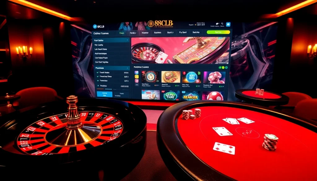 Engaging online betting experience on trang chủ 88clb with poker chips and a roulette wheel.