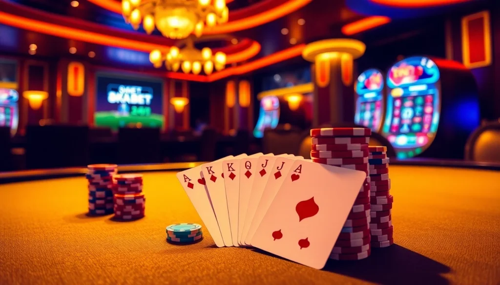 Experience the thrill of 8KBET at a vibrant casino scene with poker chips, roulette, and cards.