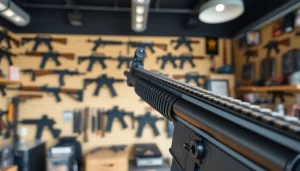 High-quality forced reset trigger for sale prominently displayed on an AR-15 at a gun shop.