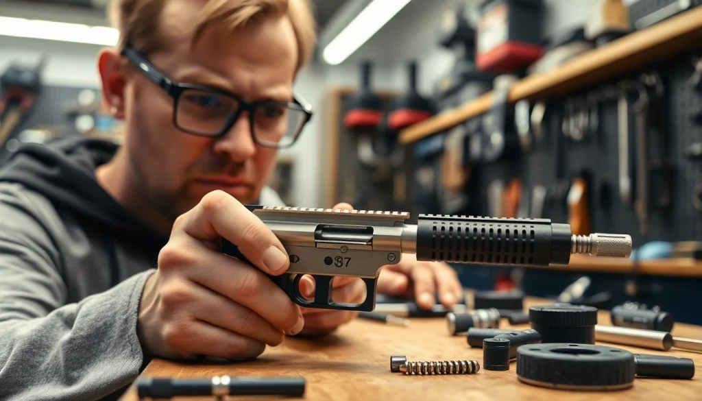 Depicting an intricately designed forced reset trigger for sale on a workbench, showcasing craftsmanship and detail.