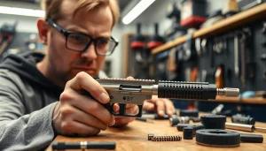 Depicting an intricately designed forced reset trigger for sale on a workbench, showcasing craftsmanship and detail.