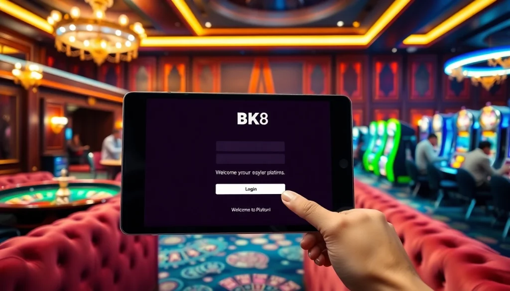 Access your BK8 login on a sleek touchscreen in a luxurious casino environment.