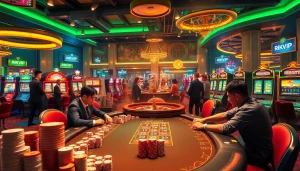 Players celebrate wins at RIKVIP casino with vibrant gaming atmosphere and luxurious decor.