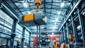 Electric chain hoist crane lifting heavy machinery in a modern factory.