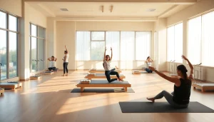 明るいスタジオでピラティスを練習する参加者たち。台東区のエッセンスを体現しています。