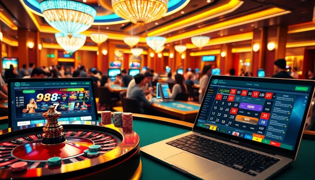 Experience the thrill of 98WIN with an engaging casino scene featuring vibrant poker chips and a roulette wheel.