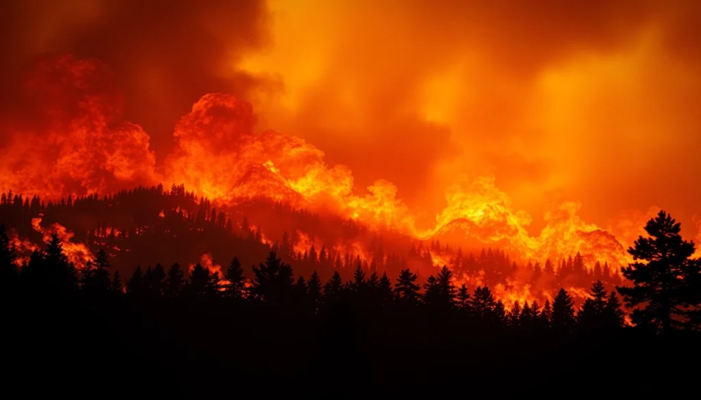 Firefighters battling intense wildfire events amidst raging flames and smoke.