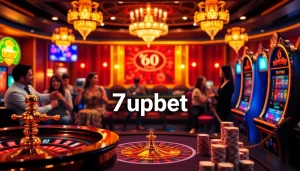 Experience the thrill of online gambling with 7upbet, showcasing vibrant slot machines and roulette wheels in a luxurious casino setting.