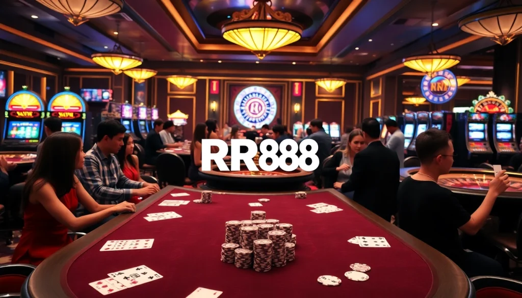 RR88 casino scene with poker tables, slots, and players immersed in gaming excitement.