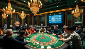Players enjoying a thrilling game at the BJ38 casino table, surrounded by vibrant energy and rich décor.