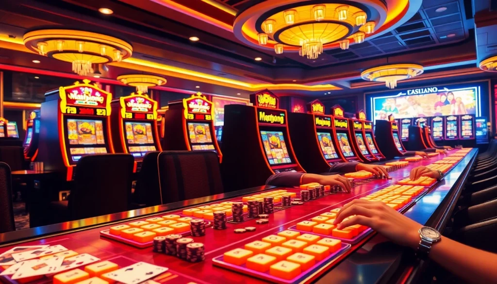 Experience thrilling Mahjong slot demo gameplay with vibrant machines and players in action.