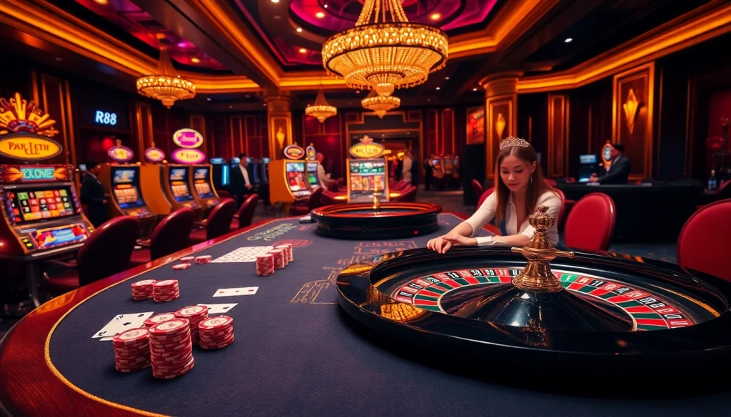 Experience the excitement at RR88 with an engaging casino scene featuring poker, roulette, and vibrant slot machines.