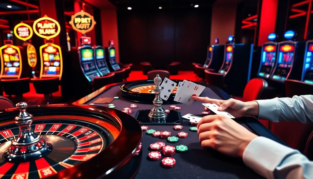 i9bet players strategizing at a luxurious poker table in a vibrant casino.