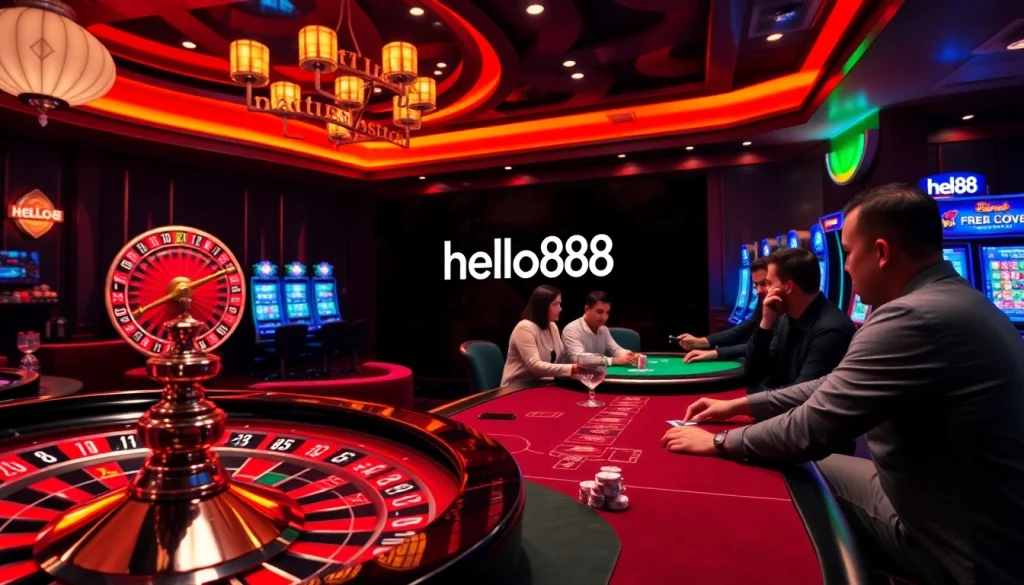 hello88 casino scene featuring poker chips, roulette wheel, and players in action