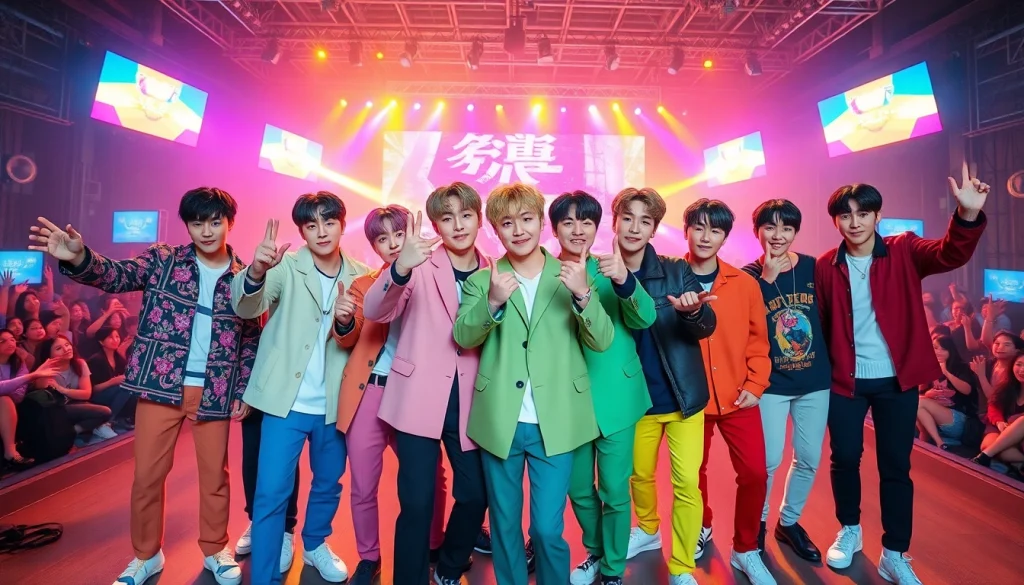 BTS members striking dynamic poses in a vibrant concert atmosphere, celebrating their charisma.