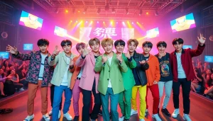 BTS members striking dynamic poses in a vibrant concert atmosphere, celebrating their charisma.