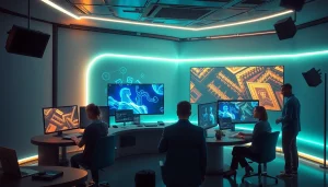 Futuristic studio showcasing AI-generated adult content creation process in action with diverse creators.