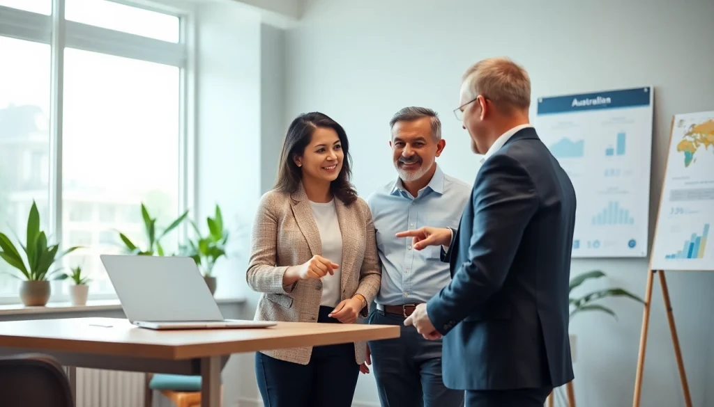 Migration agent in Australia consulting diverse clients on visa options in a professional office setting.