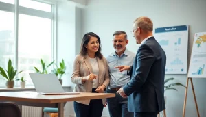 Migration agent in Australia consulting diverse clients on visa options in a professional office setting.