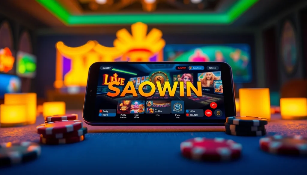 Link tai Saowin hiển thị trên điện thoại thông minh hiện đại, giới thiệu các tính năng chơi game trực tuyến thú vị.