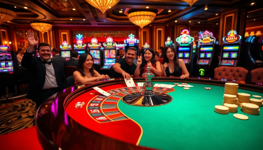 Players enjoying thrilling games at S8 Casino with colorful slot machines and a roulette table.