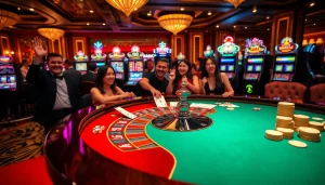 Players enjoying thrilling games at S8 Casino with colorful slot machines and a roulette table.