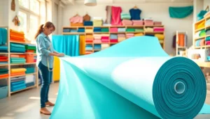 Met poplin katoen werkt een naaister in een kleurrijke textielstudio aan haar creaties.