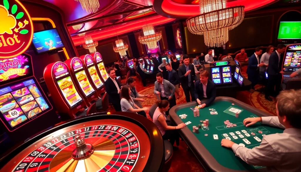 Gameplay at idnslot with players celebrating wins at colorful slot machines and poker tables.