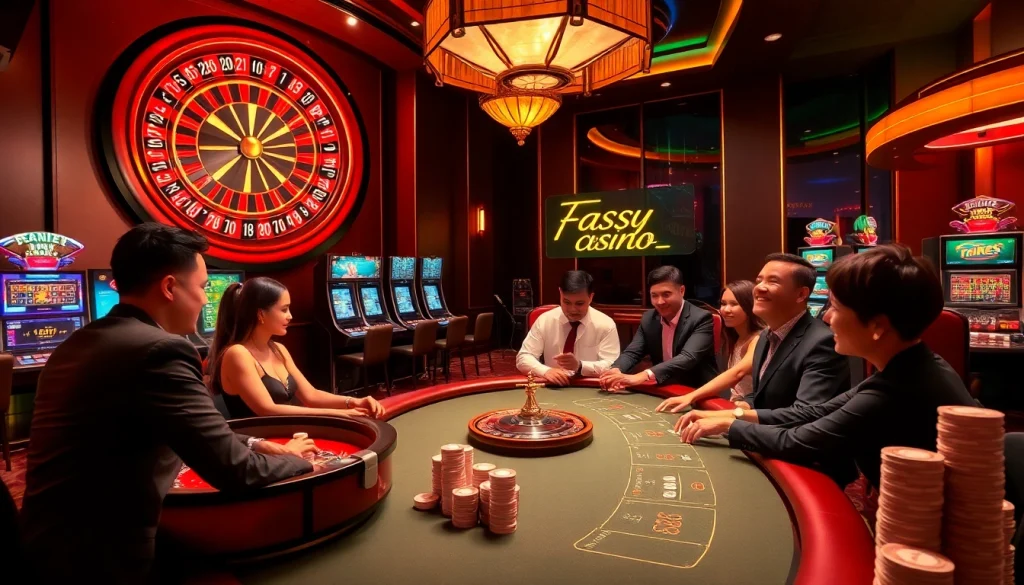 Exciting casino scene with roulette and slot machines highlighting situs deposit 5k options for thrilling gambling experiences.