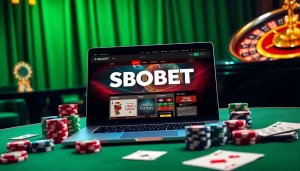 Experience thrilling online gambling with link alternatif sbobet displayed on a luxurious casino tablet alongside poker chips and cards.