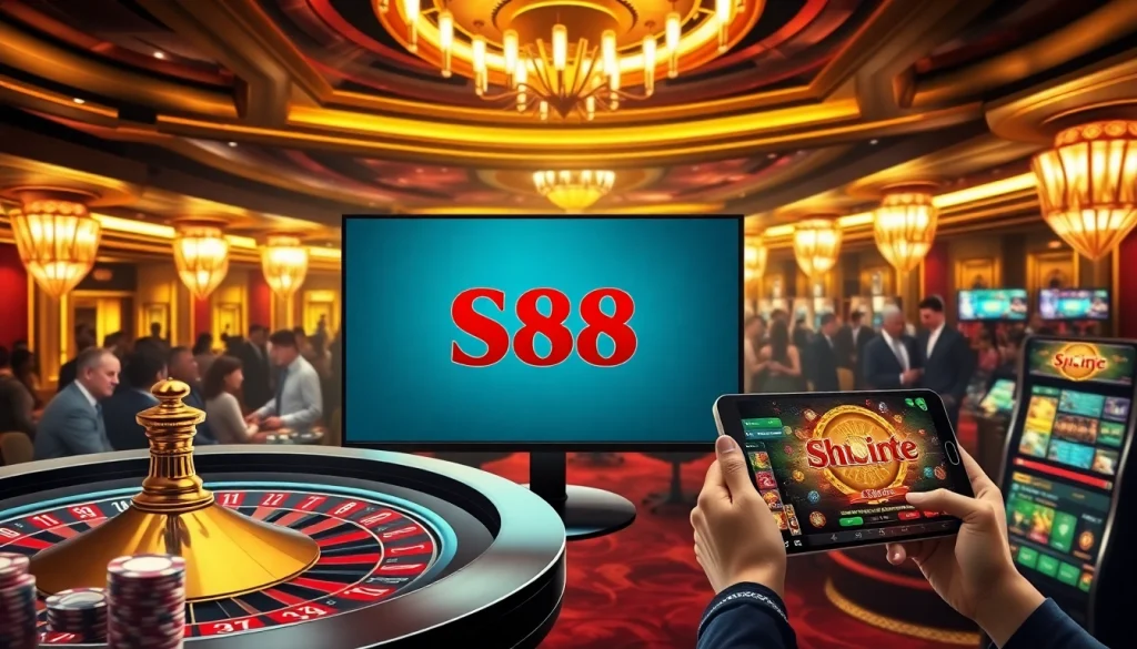 S88 nhà cái logo with players engaging in exciting casino games like poker and roulette.