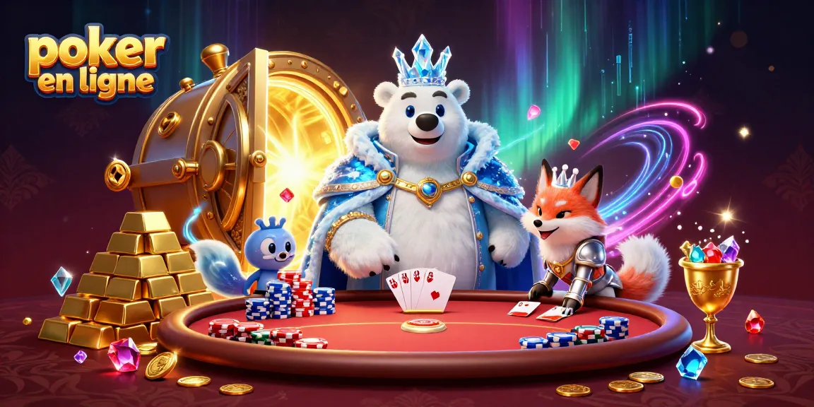 Jouez au poker en ligne avec des personnages fascinants et des trésors scintillants dans une scène riche.