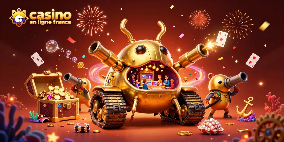 Visualisation d'un casino en ligne France dynamique avec un tank doré et des éléments de jeu