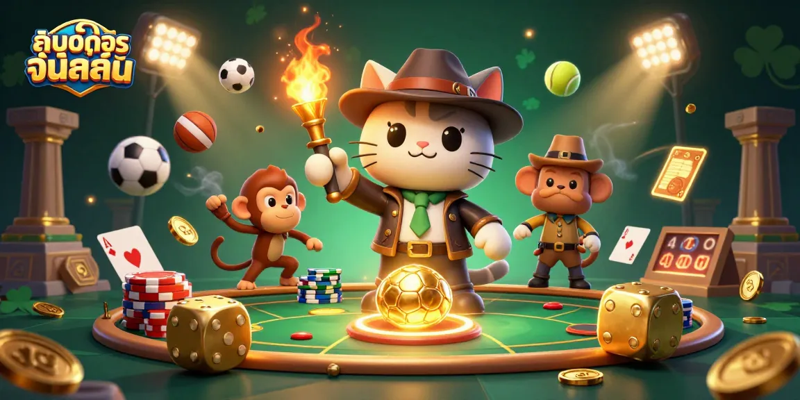 เล่นโป๊กเกอร์ออนไลน์ โดยมีสุนัขคู่หนึ่งและอุปกรณ์คาสิโนมากมาย