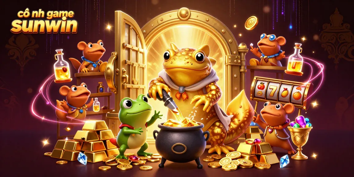 Engage with the thrilling cổng game sunwin experience, showcasing a vibrant medieval alchemist's lab with gold coins and slot elements.