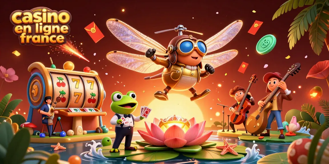 Plongez dans l'univers du casino en ligne France avec un pilote libellule et un croupier grenouille offrant des cartes.