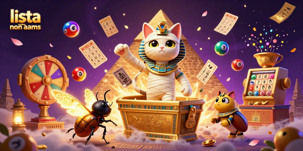 Gioca con la lista casino non aams mentre un gatto mummificato emerge da un sarcofago, circondato da giochi d'azzardo e simboli dorati.