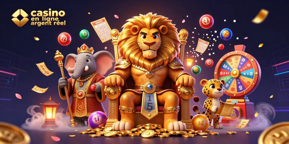 Jouer des gains au casino en ligne argent réel avec le roi lion et ses conseillers dans une scène dynamique.